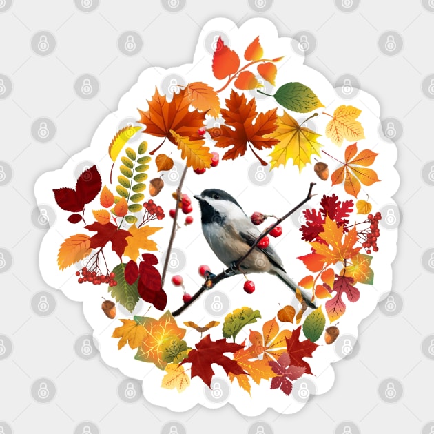 Autumn Wreath Black Capped Chickadee Bird Digital Oil Painting Sticker by Glenn Landas Digital Art